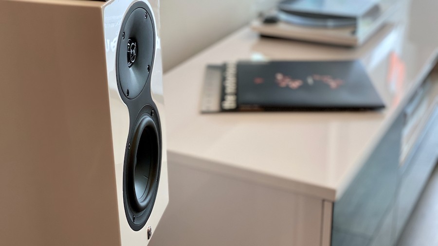 A Sonos speaker surrounded by appetizers and two women drinking wine in the background.